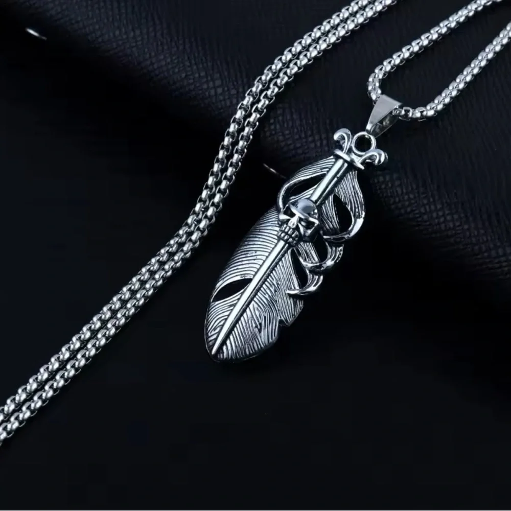 Platinum Plated Titanium Feather With Skull Embellishment Punk Bohemian Necklace